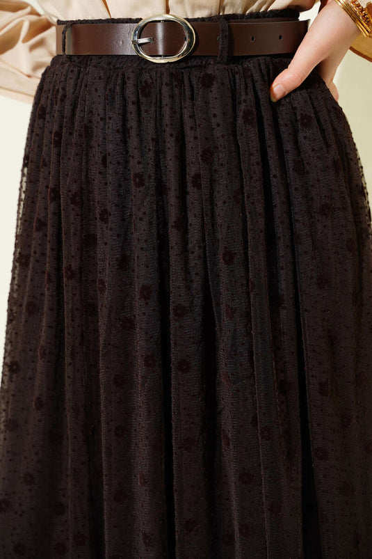 Jupe en tulle à motifs asymétrique avec ceinture marron
