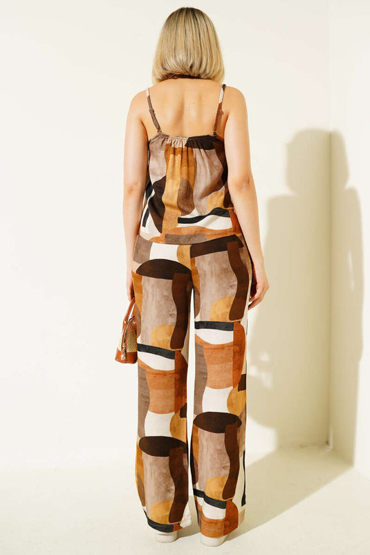 Ensemble deux pièces à bretelles à motifs couleur café