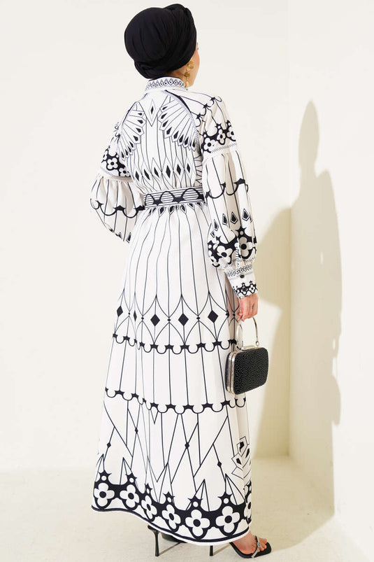 Robe mini boutonnée à manches ballon à motifs blanche