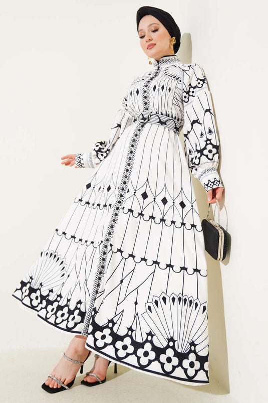 Robe mini boutonnée à manches ballon à motifs blanche