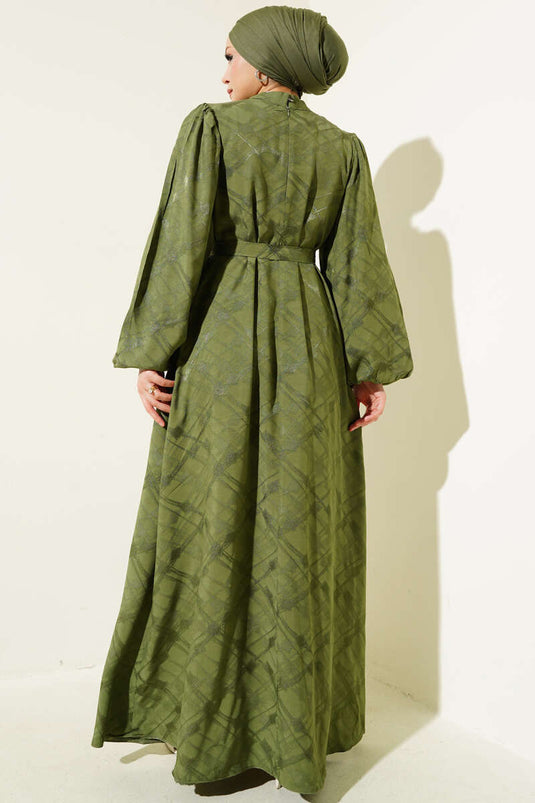 Robe kaki à manches ballon et ceinture en jacquard à motifs