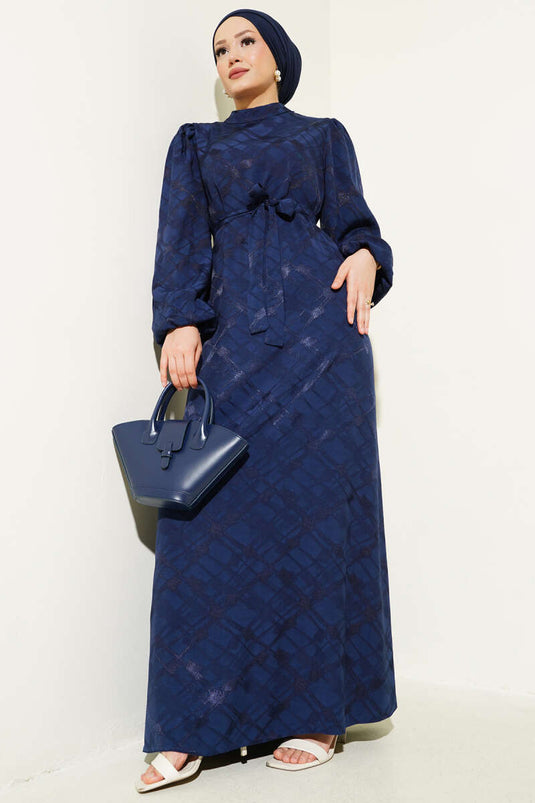Robe jacquard à manches ballon et ceinture, bleu marine