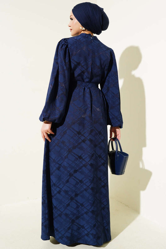 Robe jacquard à manches ballon et ceinture, bleu marine