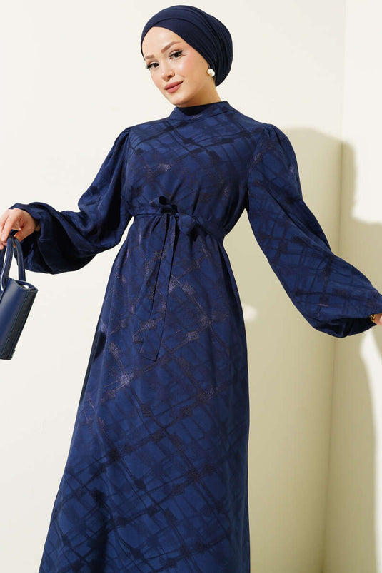 Robe jacquard à manches ballon et ceinture, bleu marine