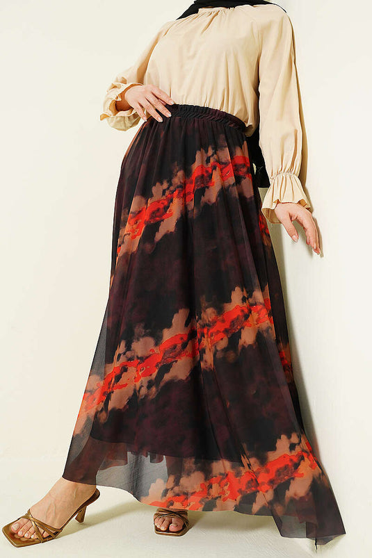 Gonna in tulle con elastico in vita a fantasia, marrone