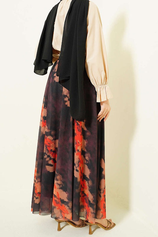 Gonna in tulle con elastico in vita a fantasia, marrone