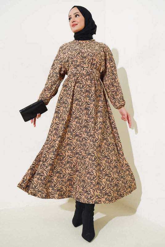 Robe Élastique à Motifs à la Taille et aux Poignets Camel