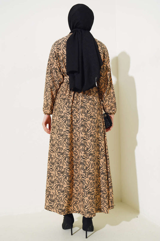 Robe Élastique à Motifs à la Taille et aux Poignets Camel