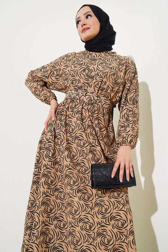 Robe Élastique à Motifs à la Taille et aux Poignets Camel