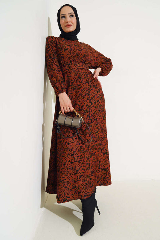 Robe élastique à motifs à la taille et aux poignets marron