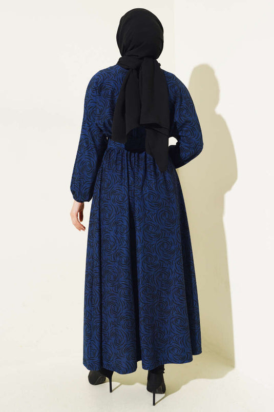 Robe élastique à motifs à la taille et aux poignets bleu marine