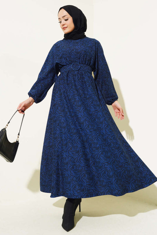 Robe élastique à motifs à la taille et aux poignets bleu marine