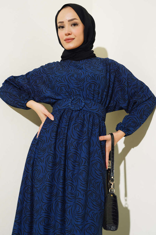 Robe élastique à motifs à la taille et aux poignets bleu marine