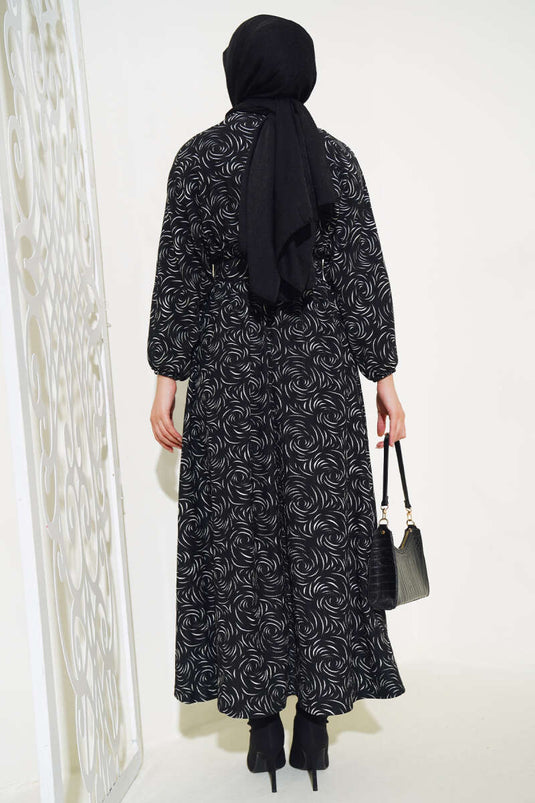 Robe élastique à motifs à la taille et aux poignets noir