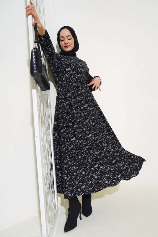 Robe élastique à motifs à la taille et aux poignets noir