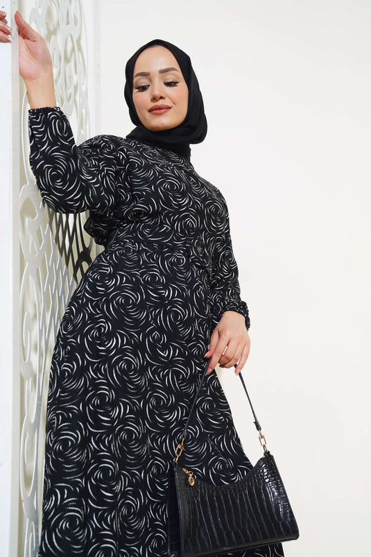 Robe élastique à motifs à la taille et aux poignets noir