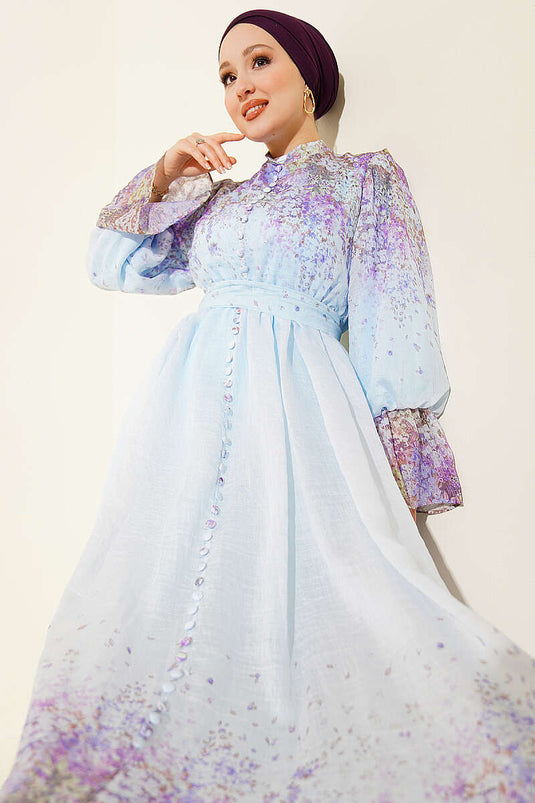 Gemustertes Kleid mit elastischem Bund und Bündchen, Gürtel, Babyblau