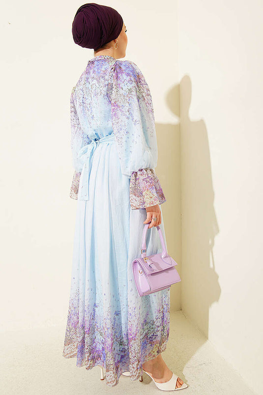 Gemustertes Kleid mit elastischem Bund und Bündchen, Gürtel, Babyblau