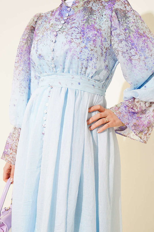 Gemustertes Kleid mit elastischem Bund und Bündchen, Gürtel, Babyblau