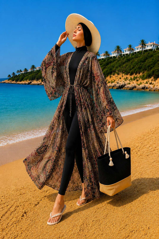 Pareo lungo in chiffon con stampa, vita regolabile, colore kaki