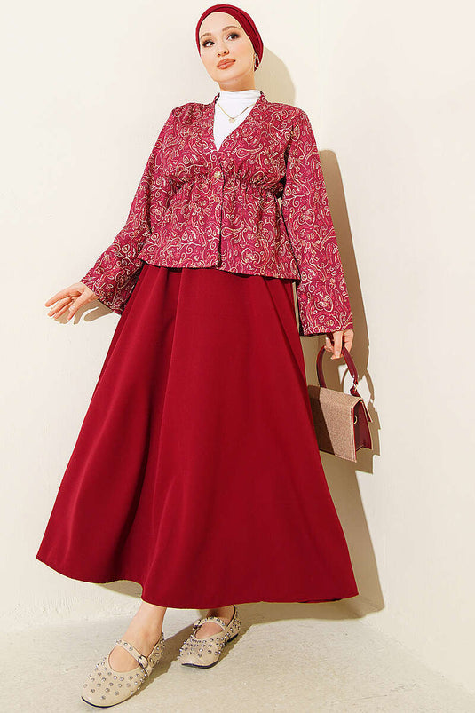 Patterned Elastic Waist Detail Skirt Two-Piece Set Burgundy