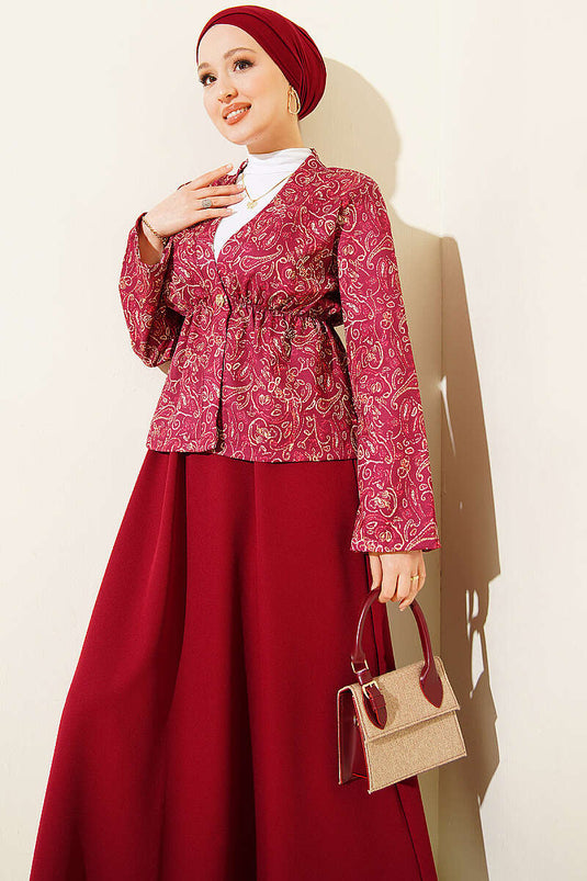 Patterned Elastic Waist Detail Skirt Two-Piece Set Burgundy