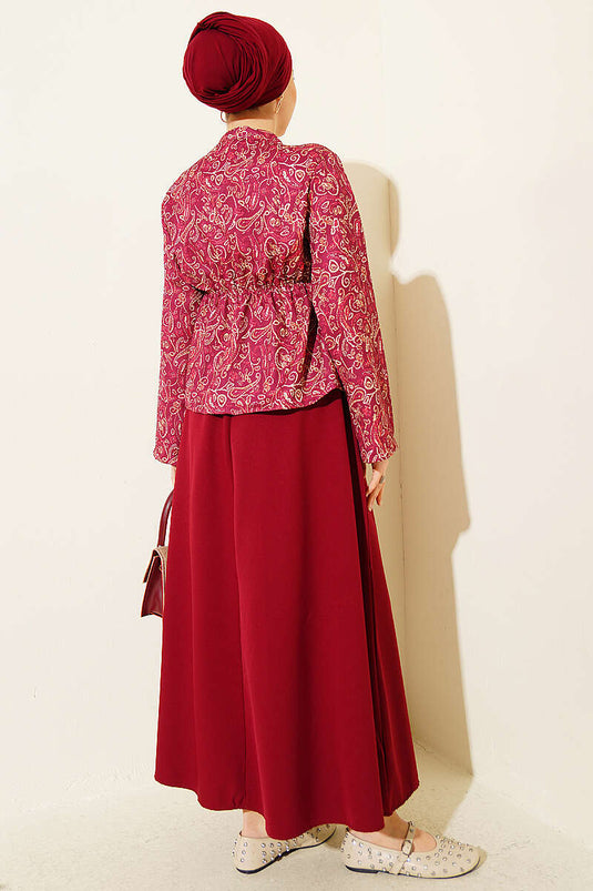 Patterned Elastic Waist Detail Skirt Two-Piece Set Burgundy