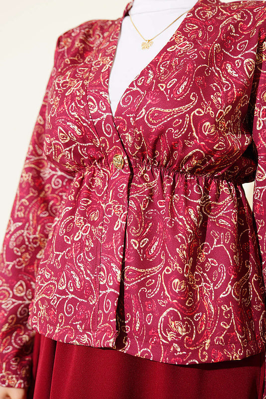 Patterned Elastic Waist Detail Skirt Two-Piece Set Burgundy