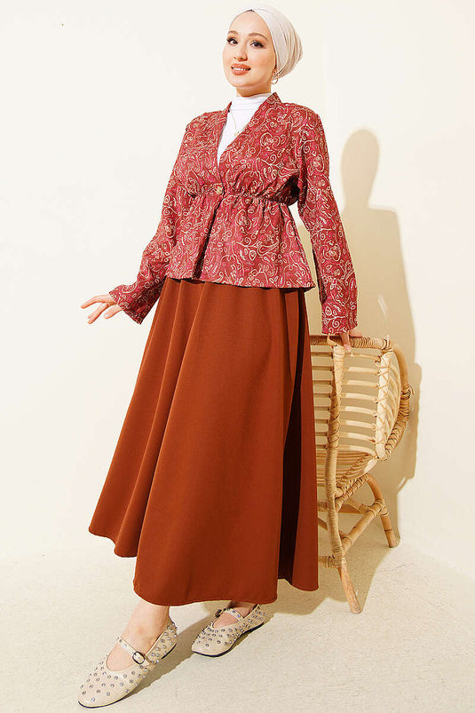 Patterned Elastic Waist Detail Skirt Two-Piece Set Brown
