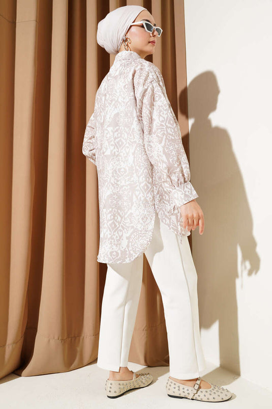 قميص منقوش بربطة حول الكاحل باللون البيج