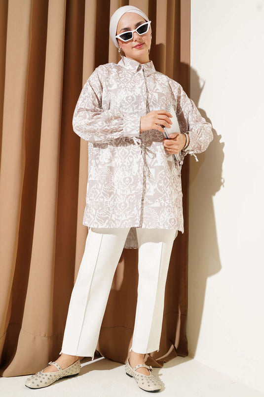 قميص منقوش بربطة حول الكاحل باللون البيج