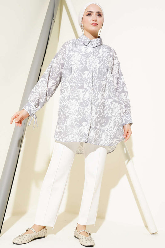 Patterned Ankle Tie Shirt Gray