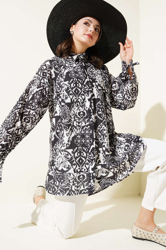 قميص منقوش بربطة حول الكاحل باللون الأسود