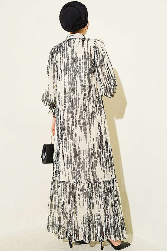 Beiges Musterkleid Mit Elastischen Bündchen