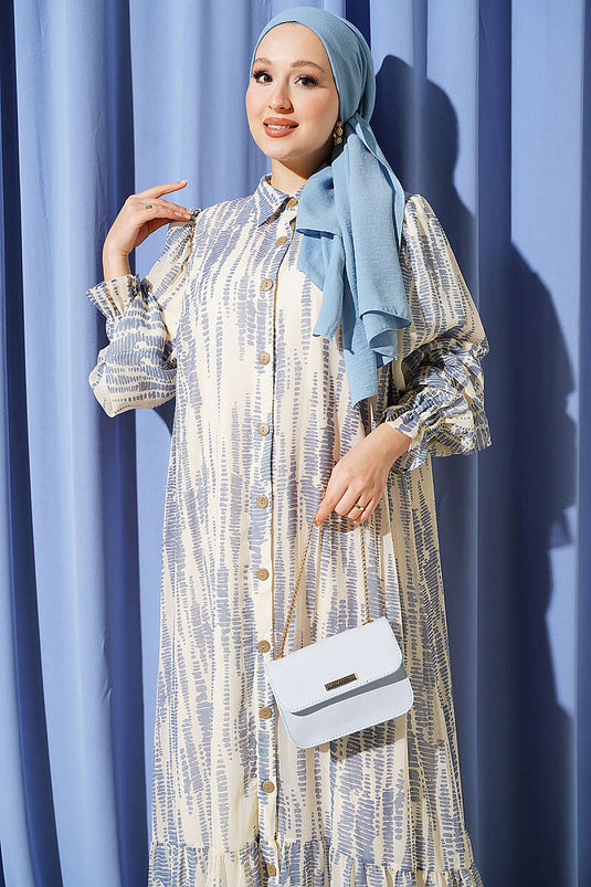 Blaue Kleid Mit Elastischen Bündchen Und Muster