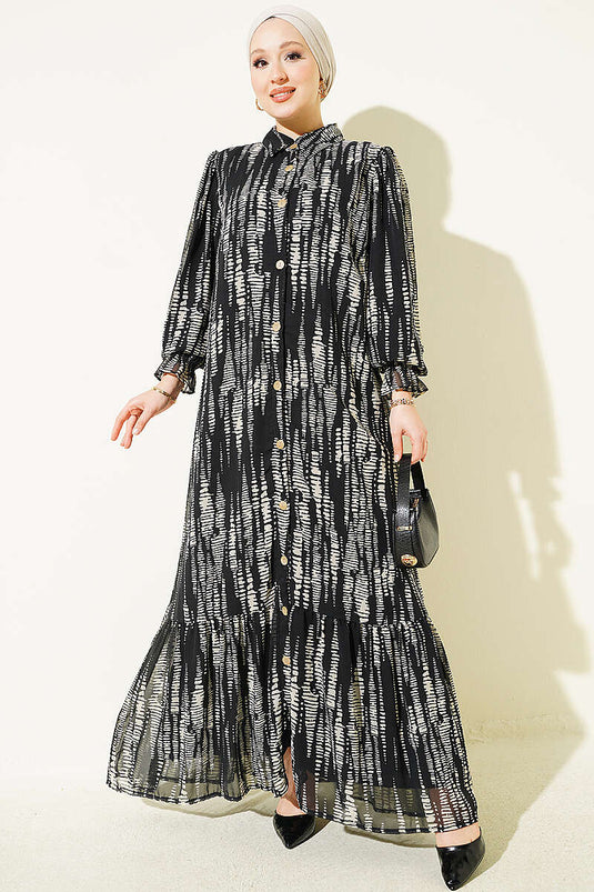 Gemustertes Schwarzes Kleid Mit Elastischen Bündchen