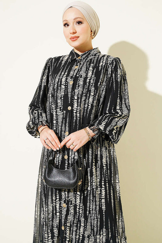 Gemustertes Schwarzes Kleid Mit Elastischen Bündchen