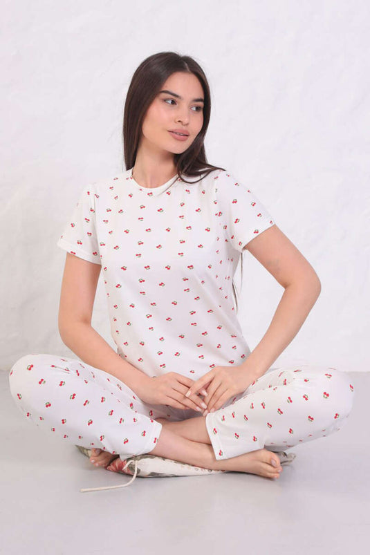 Desenli Bisiklet Yaka Pijama Takımı Beyaz