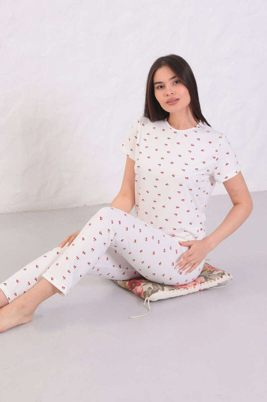 Desenli Bisiklet Yaka Pijama Takımı Beyaz