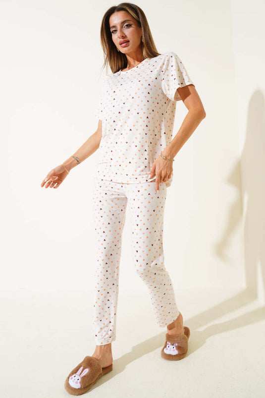 Ensemble pyjama à col rond à motifs, écru