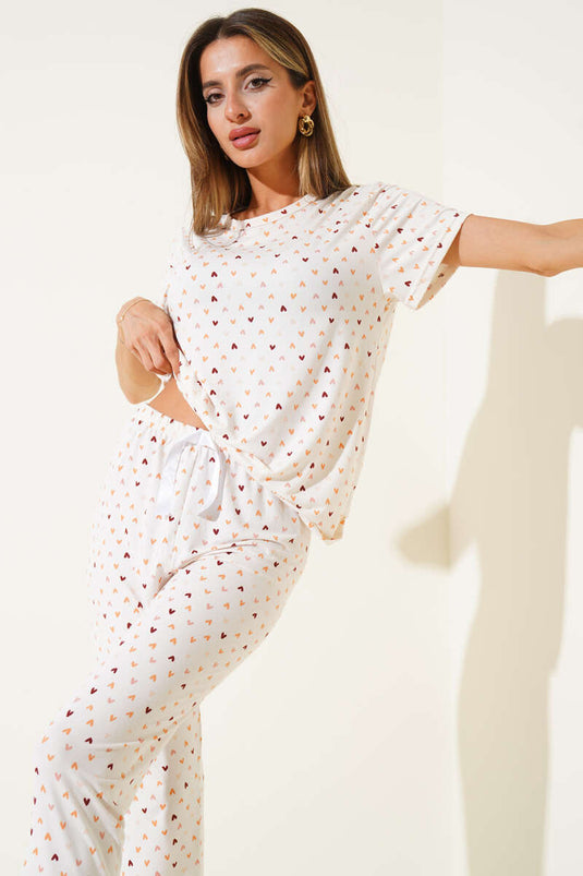 Ensemble pyjama à col rond à motifs, écru