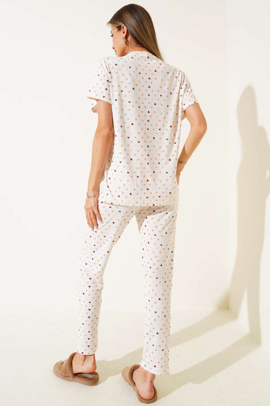 Ensemble pyjama à col rond à motifs, écru