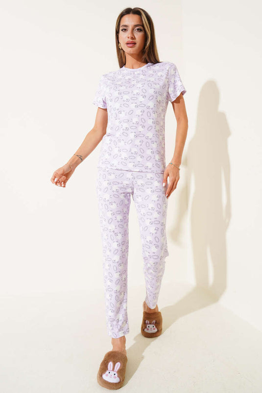 Patterned Crew Neck Pajama Set Lilac