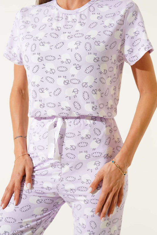 Patterned Crew Neck Pajama Set Lilac