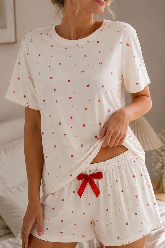 Desenli Bisiklet Yaka Şortlu Pijama Takımı Çilek