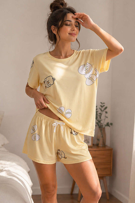 Desenli Bisiklet Yaka Şortlu Pijama Takımı Sarı