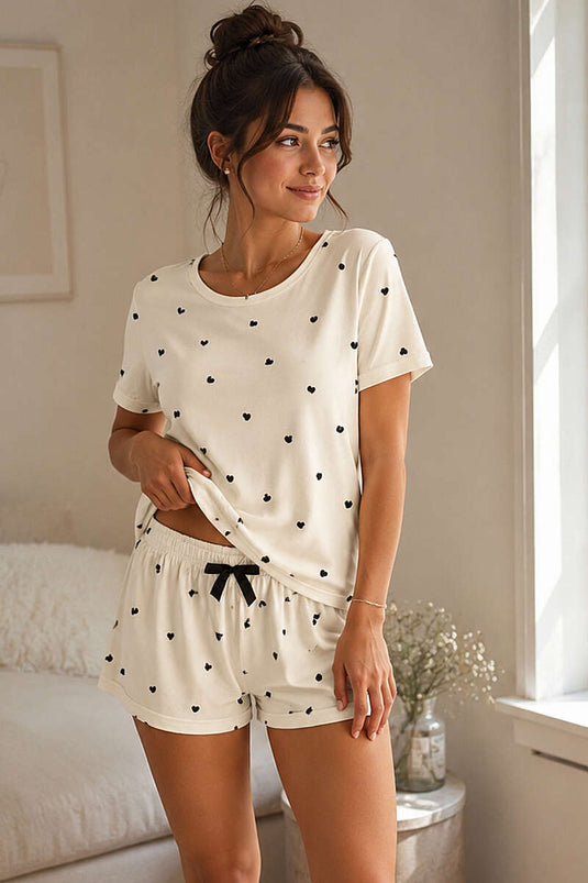Desenli Bisiklet Yaka Şortlu Pijama Takımı Siyah