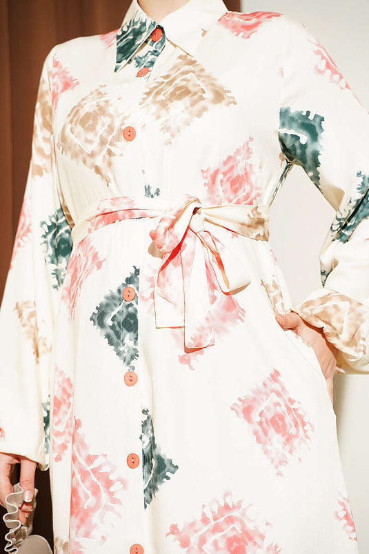 Patterned Long Buttoned Dress In Powder Pink