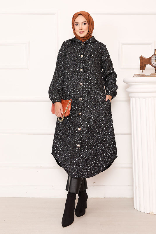 Patterned Full-Length Buttoned Kaşe Closure Black and White