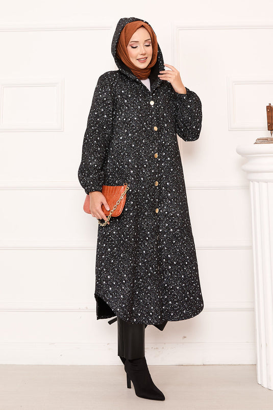 Patterned Full-Length Buttoned Kaşe Closure Black and White